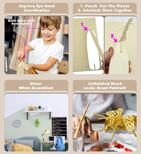 Puzzled 3D Puzzle Honeybee Wood Craft Model Kit - Unique Educational DIY Wooden Insect Toy to Build & Paint, 32pcs