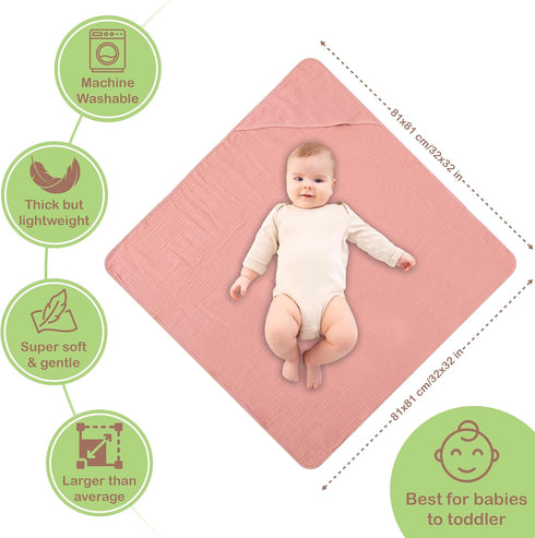 100% 32x32 Inch 2 Pack Organic Cotton Muslin Baby Hooded Towels Soft & Absorbent Baby Towels for Newborn for Boys