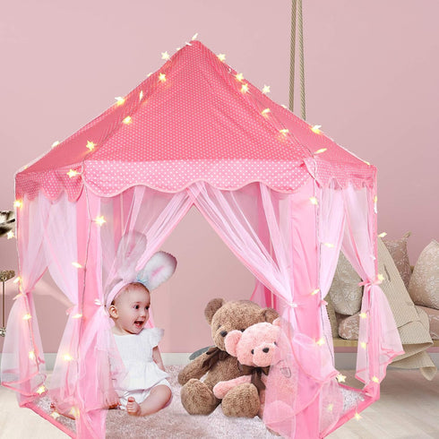Princess Tent with Rug & LED Star Lights, Large Playhouse for Girls Kids, Indoor Outdoor Games, 140*135cm