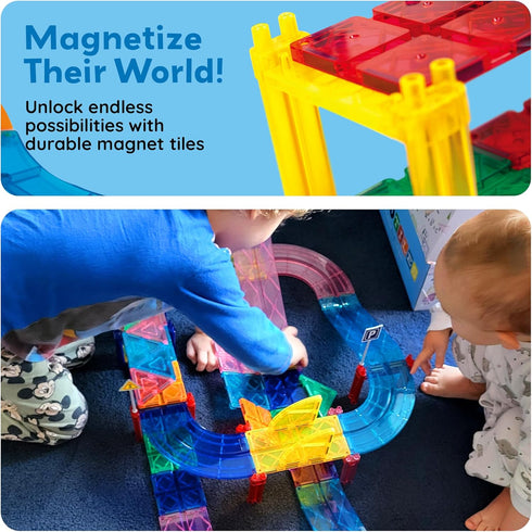 PicassoTiles Magnetic Race Track Toys Set for Toddlers, Includes 2 Trucks, Building Blocks for Kids Age 3+