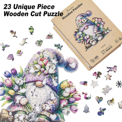200pcs 10.6'' 9.8'' Gnome Wooden Puzzles for Adults, Wooden Jigsaw Puzzles for Adults, Gnome Flowers Unique Shaped