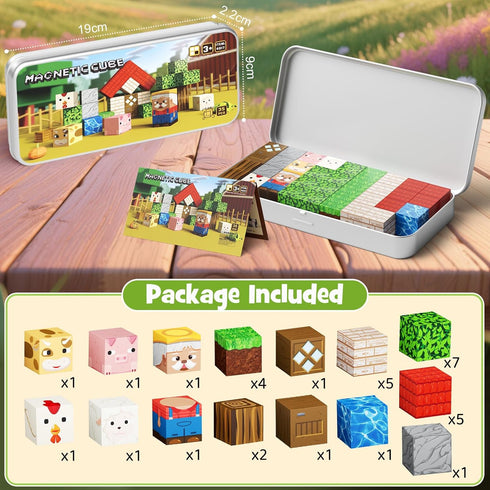 35PCS 4-8, Mini Magnetic Blocks Farm Animals Travel Toys, Portable STEM Magnetic Building Cubes with Metal Storage Box