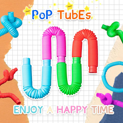 Pop Tubes Sensory Toys, Fidget Toys for Kids and Adults, Multi-Color Pop Tubes (4 Pack)
