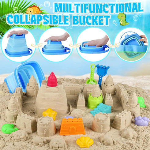 ERHAICAT Summer 3-10 Beach Toys, Dinosaur Sand Toys for Kids Toddlers with Collapsible Bucket, Sand Castle Building