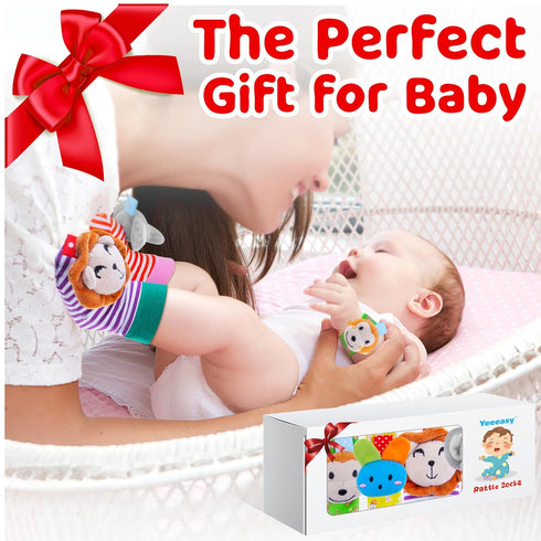 Baby Rattle Set with Cotton Socks and Wrist Strap, Infant Sensory Toys for 0-12 Months, Gifts for Boys and Girls