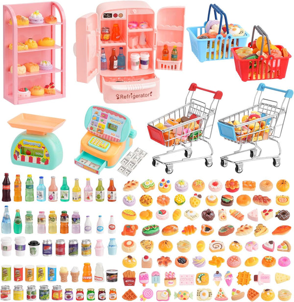 kapeiluo 165Pcs Mini Shopping Cart Basket Miniature Food Drink Toy Supermarket Metal Handcart