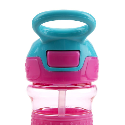 Nuby Thirsty Kids Push Button Flip-it Soft Spout Water Bottle, Easy Grip Band, Pink Rainbows, 12 Ounce