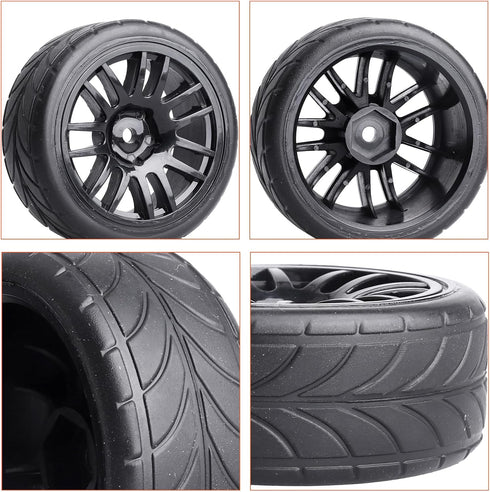 Preglued 1/10 On Road Wheels and Tires, 12mm Hex Rubber Flat Racing Tires for Traxxas and Tamiya (4PCS)