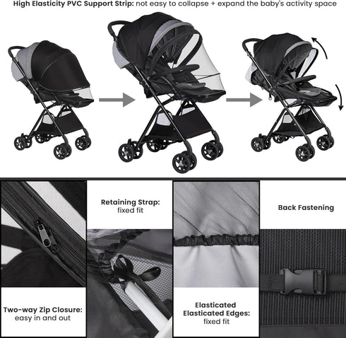 2-in-1 UPF50+ Bemece Durable Baby Mosquito Net with Sunshade for Stroller, Universal Mosquito for Stroller with Two-Way