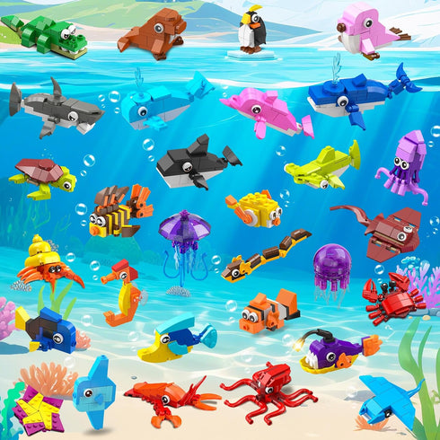 30 Pack 824PCS Sets 6+ Animals Easter Party Favors For Kids, Marine Animal Building Block for Easter Basket Fillers