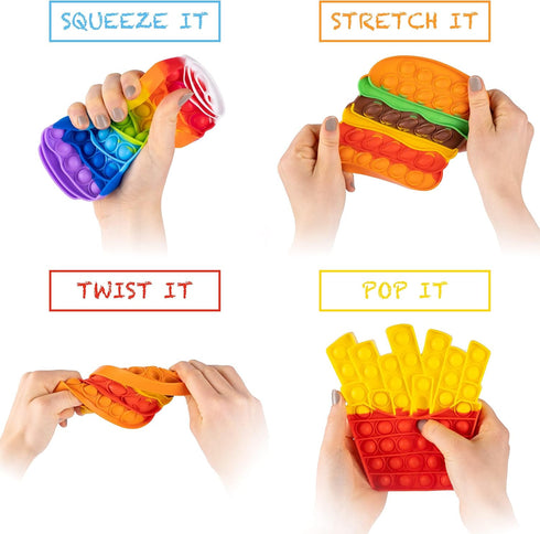 Pop Its Fidget Toys Pack 4 - Stress Relief Poppet Toy for Kids, Autism Learning, French Fry Pizza Hamburger