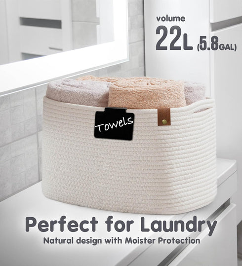 CHAT BLANC Cotton Rope Baskets for Organizing, Small Laundry Baskets, Woven Storage Bins, Creamy White 3 Pack