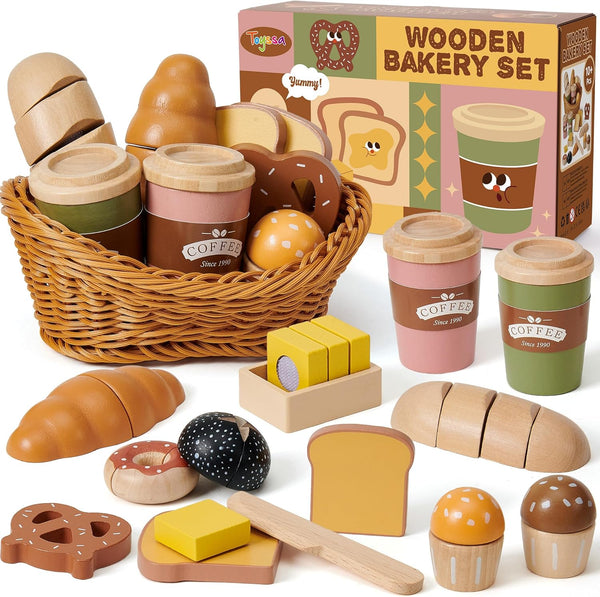 Toyssa Wooden Play Food Sets for Kids Kitchen, Bakery Pretend Play Toy