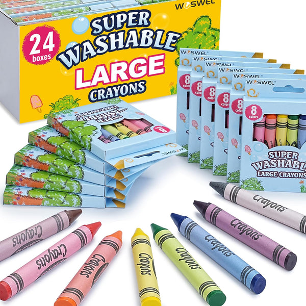 WOSWEL Super Washable Jumbo Crayons Bulk, 24 Pack Crayons with 8 Bright