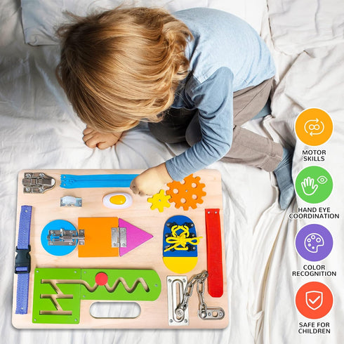 1 2 3 Montessori Busy Board for Toddlers, Wooden Sensory Toys, Preschool Learning Activities for Fine Motor Skills