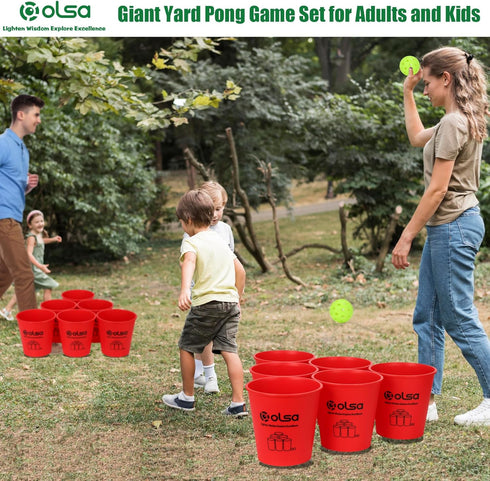 OLSA Yard Pong Games, Giant Outdoor Game with 12 Buckets, Balls, Carrying Bag for Beach Camping Lawn Fun