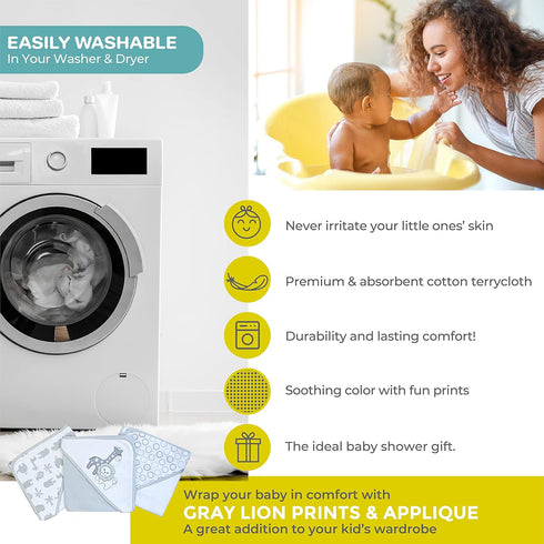 Set, 23-Piece Set, Spasilk Bath Hooded Towels & Baby Washcloths Baby Bath Essentials for Everyday Use, Gift Gray Lion