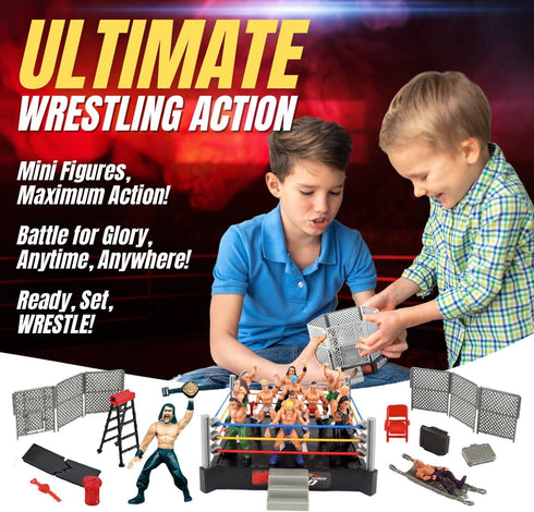 Liberty Imports Ultimate 32-Piece Wrestling Miniature Toys for Kids, Wrestler Figures with 2 Rings