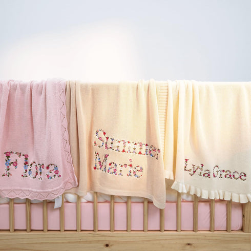 Cozy Personalized Floral Embroidered Name Blanket Soft Cotton Knit Newborn Blanket, Custom Keepsake Gift, Cover