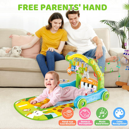 4-in-1 Tummy 0-3-6-9-12 Baby Gym Play Mat with Learning Walker, Time Mat & Baby Push Toys for Newborn Infant Month Boy
