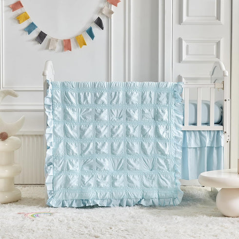Set Ruffled Crib Bedding Baby Boho Quilted Comforter with Fitted Sheet and Bed Skirt - Cute Soft Breathable Seersucker