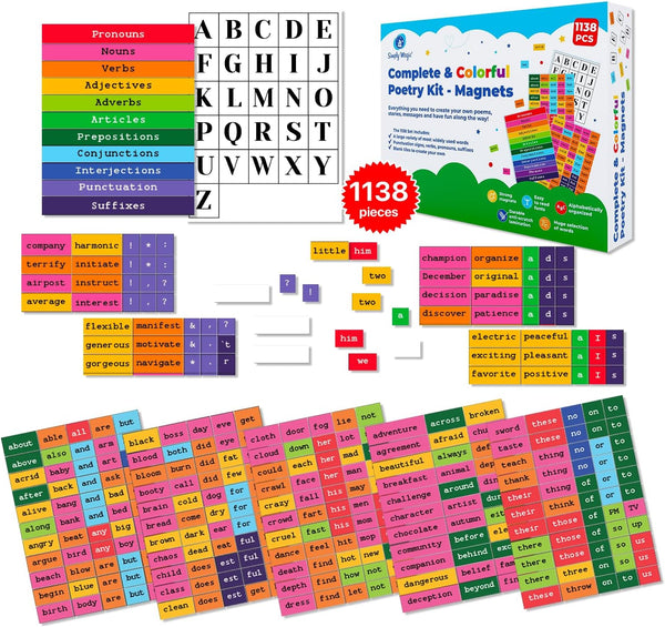 1138 PCS Colorful Poetry Magnets Kit, Magnetic Words for Fridge, Sentence Building, Create Poems, Conversations
