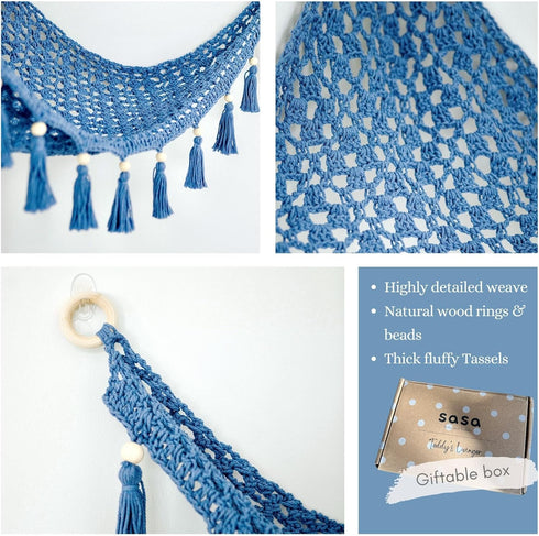 Macrame Toy Hammock for Stuffed Animals, Deep Sea Blue Hanging Organizer Net for Nursery Decor
