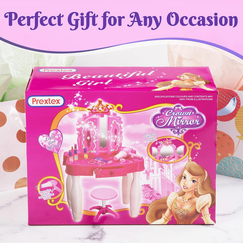 PREXTEX Kids Makeup Table with Mirror and Chair, Princess Play Set with Light and Musical Sound Effects