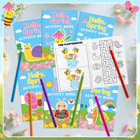 24Pcs Set Spring Activity Books for Kids - Hello Spring Mini Games Coloring Book Bulk Insect Floral Mazes Word Search