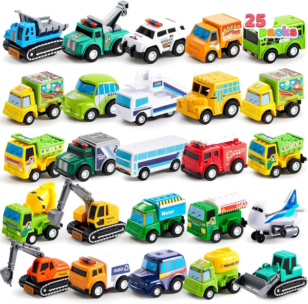 JOYIN 25 Pieces Pull Back Cars and Trucks Toy Vehicles Set, Die-Cast Car Set for Toddlers, Kids Party Favors