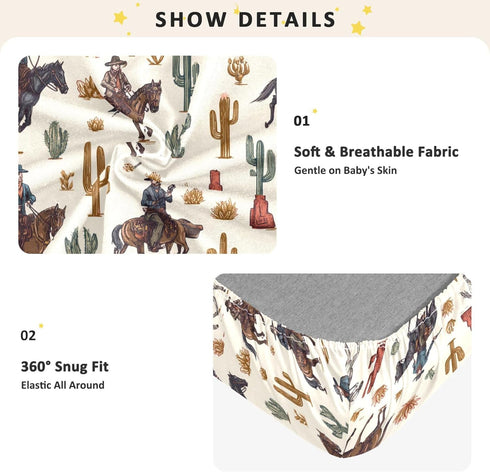 Mazeann 52" 28" 9" Western Cowboy Retro Cacti Crib Sheets Soft Breathable Fitted Cotton Baby Crib Sheets Mattress Cover