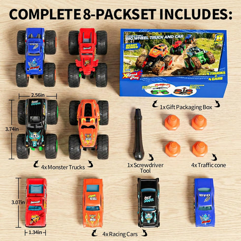 TOPMVP 8 Pack Set, 4 3 4 5 6 7 8 Monster Trucks & Die-cast Metal Cars Toy Powered Push and Go Battle Vehicles, DIY