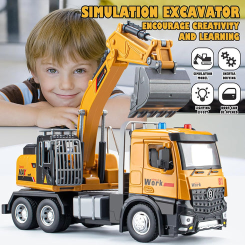 Excavator Toy Metal Cab, Big Digger Toys for Boys with Lights Sounds and Working Movable Parts, Friction Powered