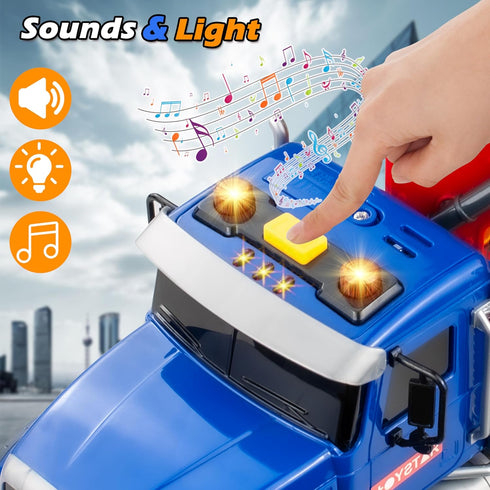 i diy Set 4pcs 3-8 Big Tow Truck Toy With Pull-Back Race Car, Friction Powered Transport Truck, Light & Sounds