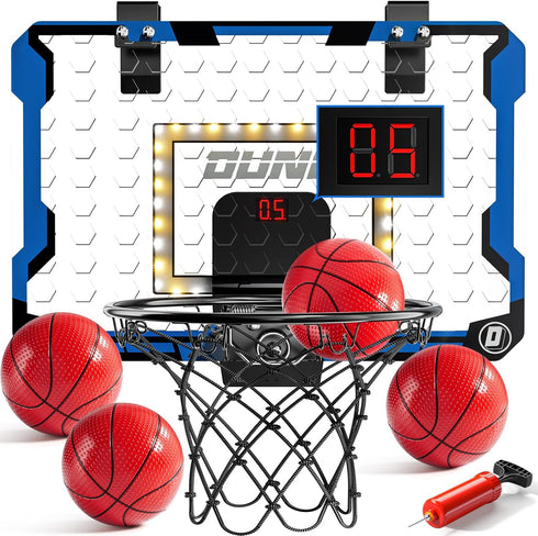 Indoor Basketball Hoop for Kids - Over The Door Mini Hoops with LED Light, Scoreboard & 4 Balls, Gifts for Ages 5-12