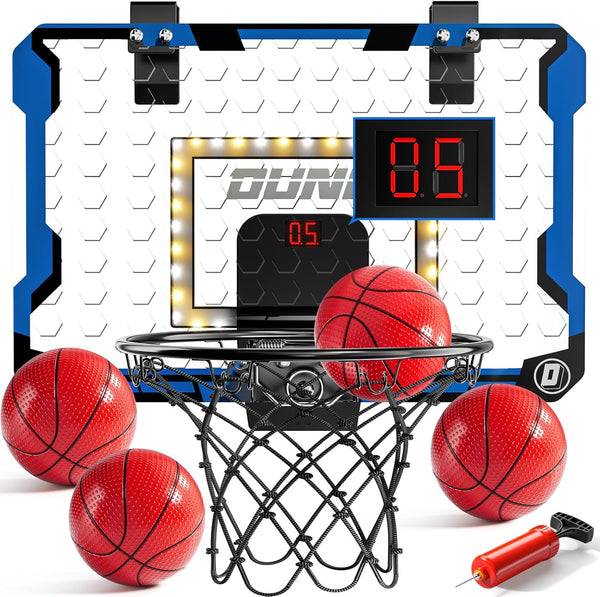 Indoor Basketball Hoop for Kids - Over The Door Mini Hoops with LED Light, Scoreboard & 4 Balls, Gifts for Ages 5-12