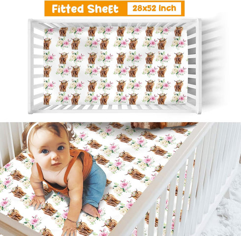 Set 3 Set Color01 Baby Crib Bedding - Highland Cow Design Nursery Bed Pcs - Chic Soft Blanket with Dotted Backing
