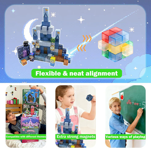 100PCS 3+ Magnetic Blocks Building Toys for Boys & Girls, Building Blocks with Blue Castle Topic, Ideal Building