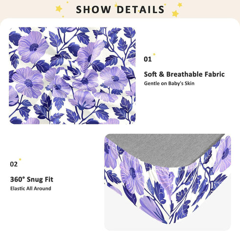 miaozhen 1 Pack 52x28 Cotton Baby Crib Sheets Soft Comfy Style Chow Chow Floral Print Purple Toddler Mattresses