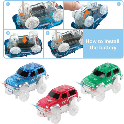 PicassoTiles 3 pcs Magnetic Toy Car Set, Light Up LED Compatible with Magnet Race Track for STEM Building Kits