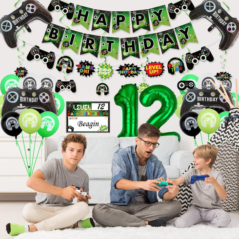 Video Game Party Decorations for Boys, 12th Birthday Banner, Tablecloth, Gaming Pattern Balloons & Sign