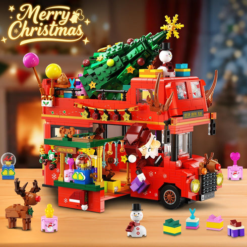 Set 1262 8-12+ INSOON Christmas Double Decker Bus Building with Lights, Christmas Bus Building Block Toy with Santa