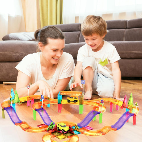 60pc Set 3 PTMR60 PicassoTiles Magnetic Tile Race Car Track STEM Construction Road Kit Building Blocks for Kids