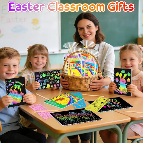Ximoeo 24Pack 4-8 8-12 Rainbow Scratch Notebook Party Favor For Kids Scratch Art Paper Basket Stuffers, Easter Coloring