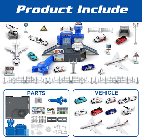 Set Airplane Toy with Trucks, Helicopter, Planes, Signs and Airport Playmat, Interactive Early Learning Toys for Boys