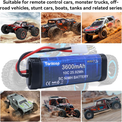 Tosiicop 7.2V 3600mAh Pack 7.2 NIMH Battery - Volt RC Rechargeable Batteries with Tamiya Plug Connector for Remote