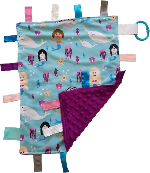 Baby Sensory Security & Teething Closed Ribbon Tag Lovey Blanket with Minky Dot Fabric, 14”X18”