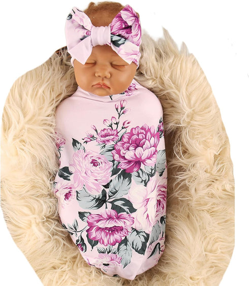 Galabloomer Receiving Blanket Headband Set Flower Print Baby Swaddle Receiving Blankets (purple