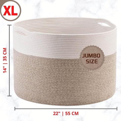 MINTWOOD Design Extra Large 22 x 14in Woven Cotton Rope Decorative Blanket Basket for Living Room, Light Brown