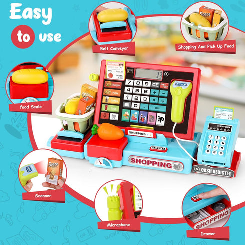 52PCS 3 4 5 6 maysida Toy Cash Register for Kids with Sound Music/Scanner/Microphone/Credit Card/Play Money, Pretend